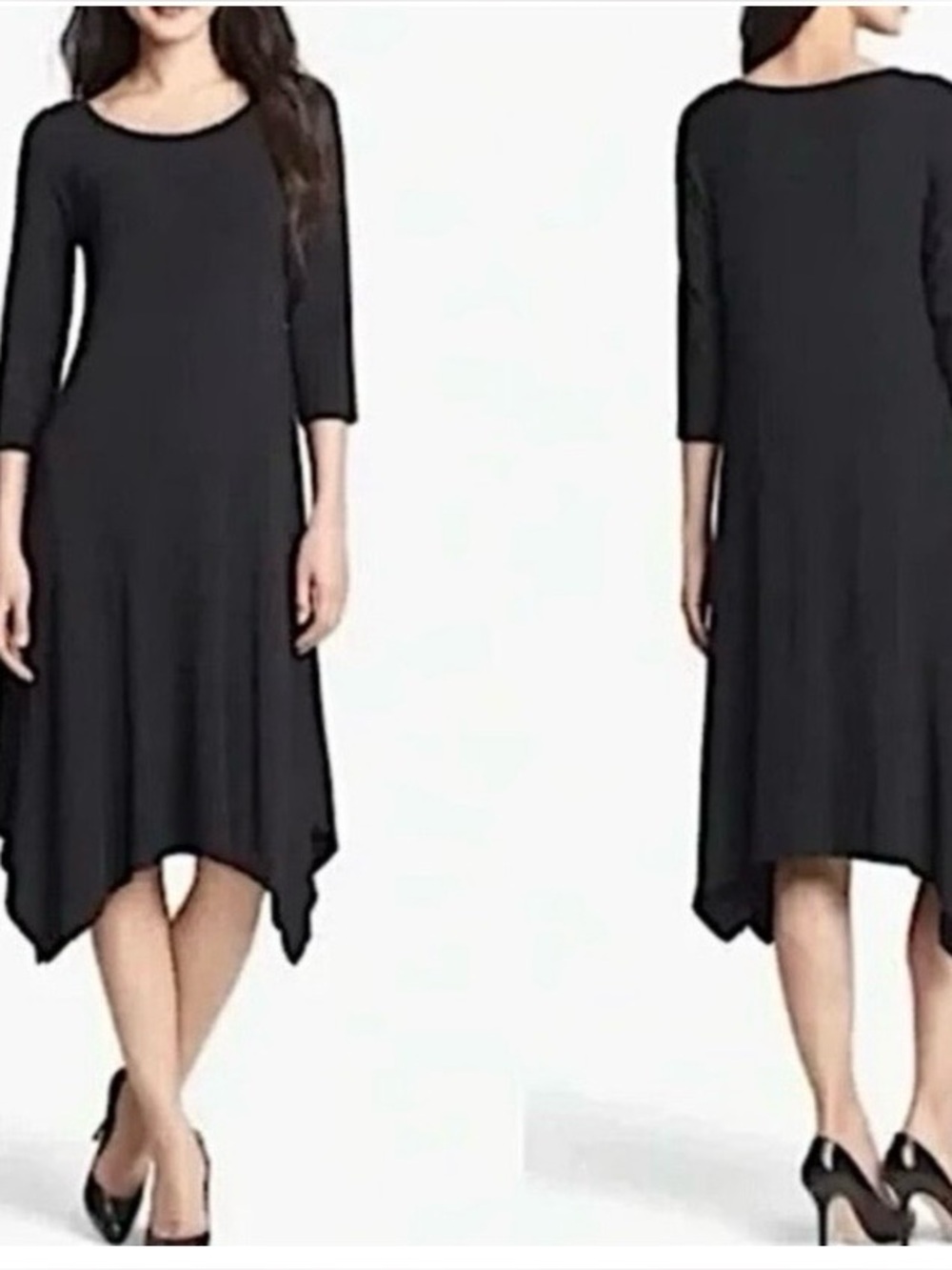 Eileen Fisher Black Jersey Knit 3/4 Sleeve Dress XS Handkerchief Hem